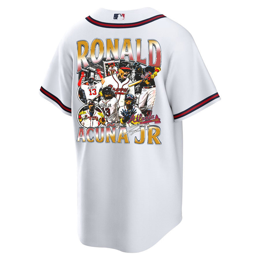 Ronald Acuña Jr. 13 Atlanta Braves Signed Posture 2023 Home Player Men Jersey - White Red