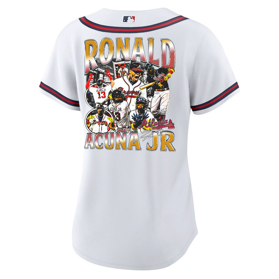 Ronald Acuña Jr. 13 Atlanta Braves Signed Posture 2023 Home Player Women Jersey - White Red