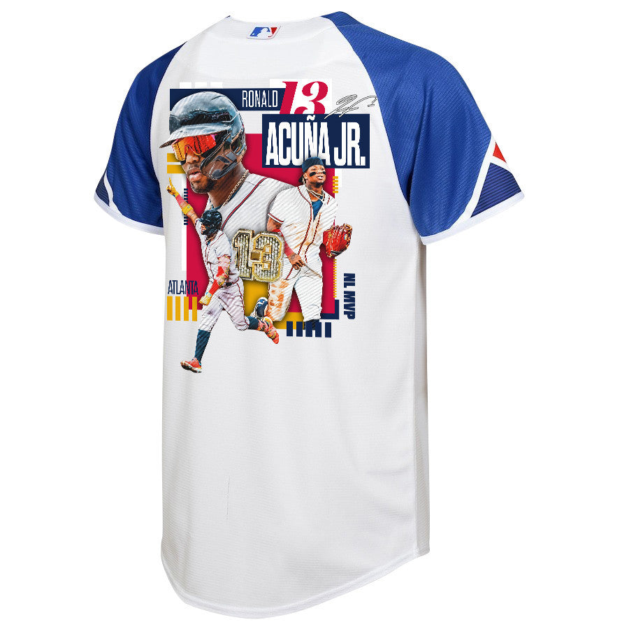 Ronald Acuña Jr. 13 Atlanta Braves Signed MVP 2023 City Connect Player YOUTH Jersey - White Blue