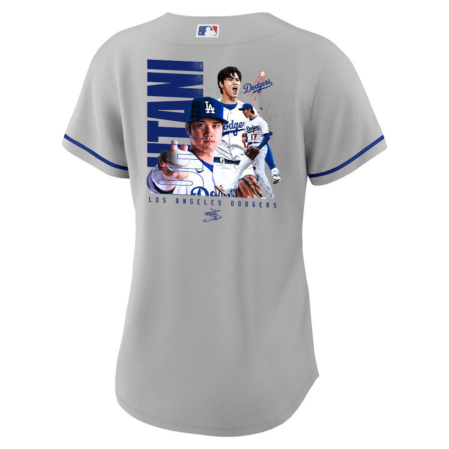 Shohei Ohtani 17 Los Angeles Dodgers Signed Name 2023 Road Women Jersey - Gray