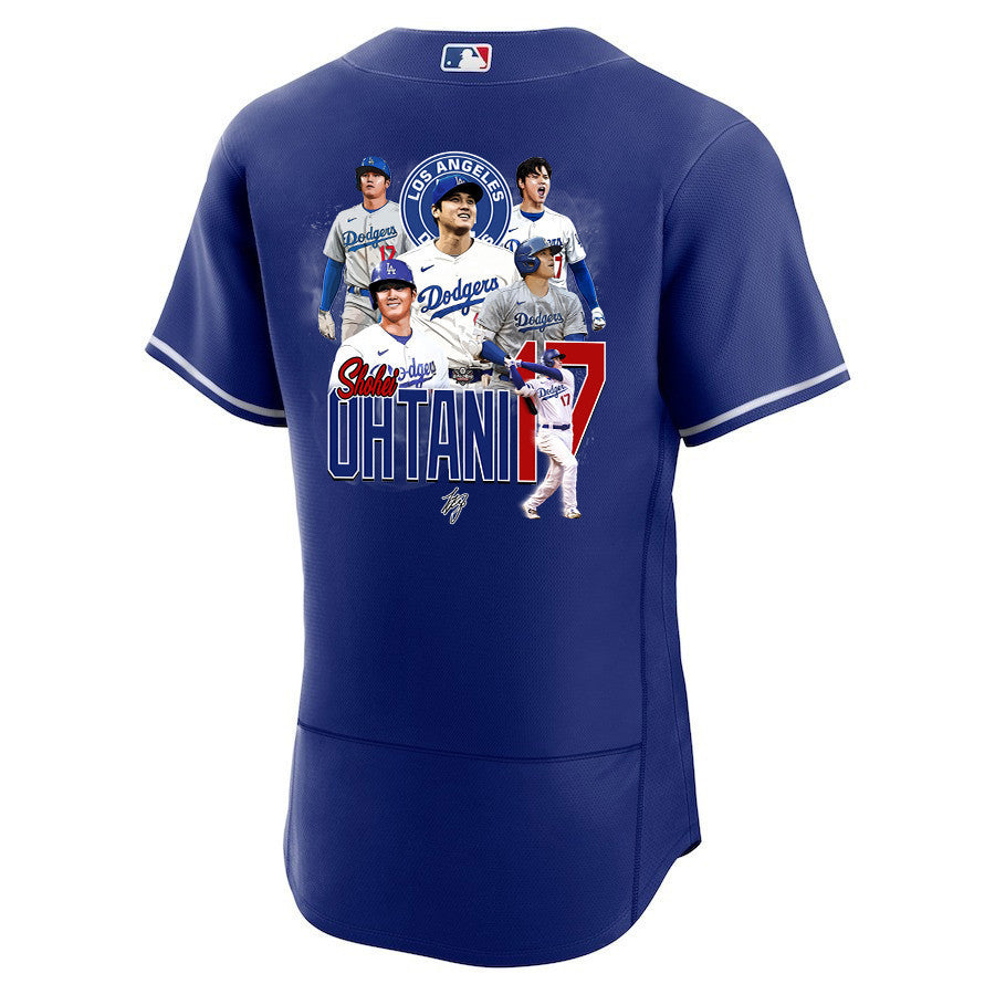 Shohei Ohtani 17 Los Angeles Dodgers Signed Collage Arts 2023 Alternate ELITE Men Jersey - Royal