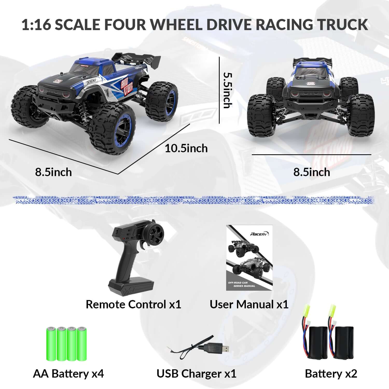 RACENT SandStorm 1/16 High-Speed RC Truck, 40km/h Fast Off-Road Car