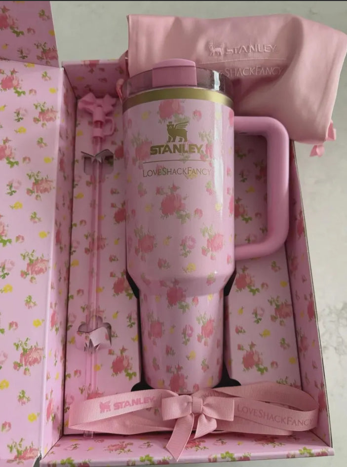 LoveShackFancy 40oz Quencher H2.0 Tumbler 40oz Ibiza Sunset Pink Floral Aesthetic Travel Cup