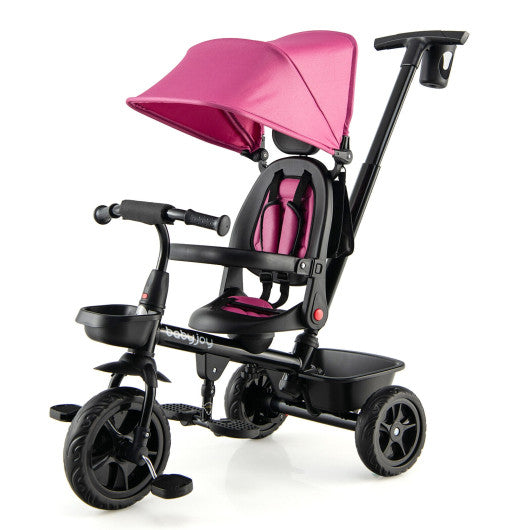 4-in-1 Reversible Toddler Tricycle with Height Adjustable Push Handle-Pink