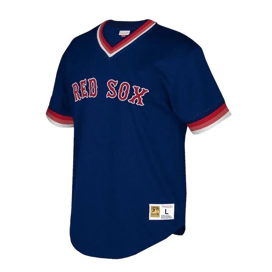 Boston Red Sox Mitchell And Ness Big And Tall Cooperstown Collection Mesh Wordmark V-neck Jersey - Navy