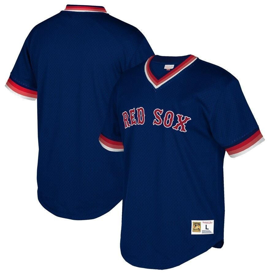 Boston Red Sox Mitchell And Ness Big And Tall Cooperstown Collection Mesh Wordmark V-neck Jersey - Navy Color