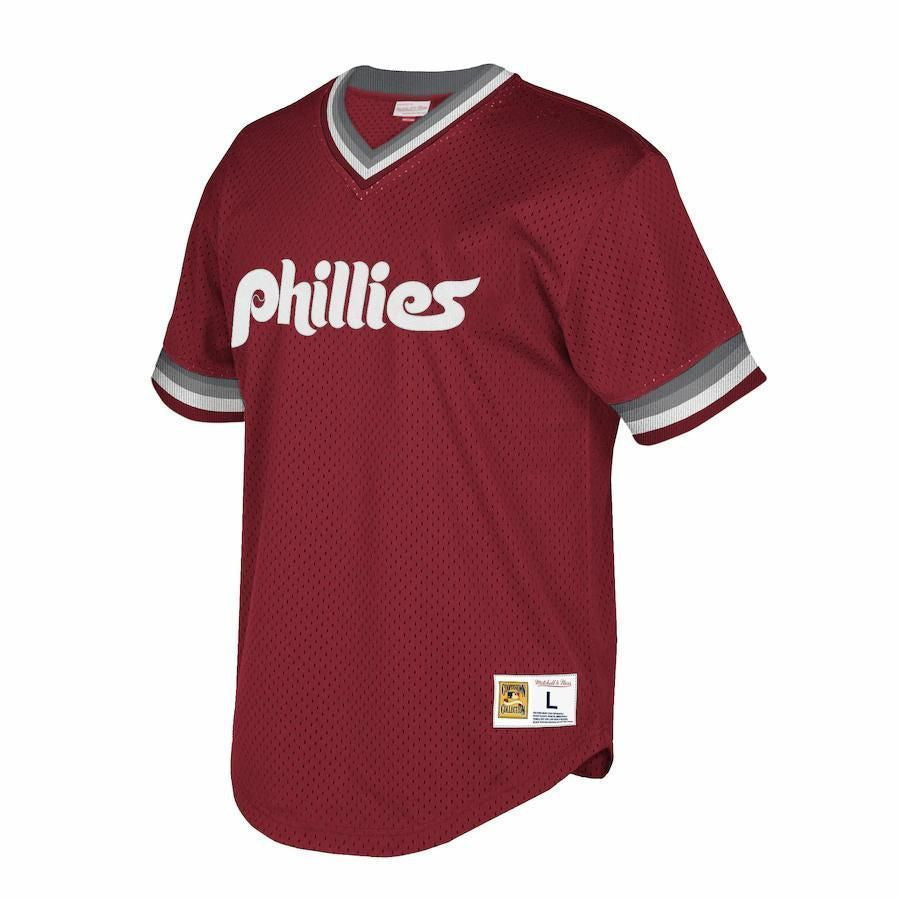 Philadelphia Phillies Mitchell And Ness Big And Tall Cooperstown Collection Mesh Wordmark V-neck Jersey - Maroon