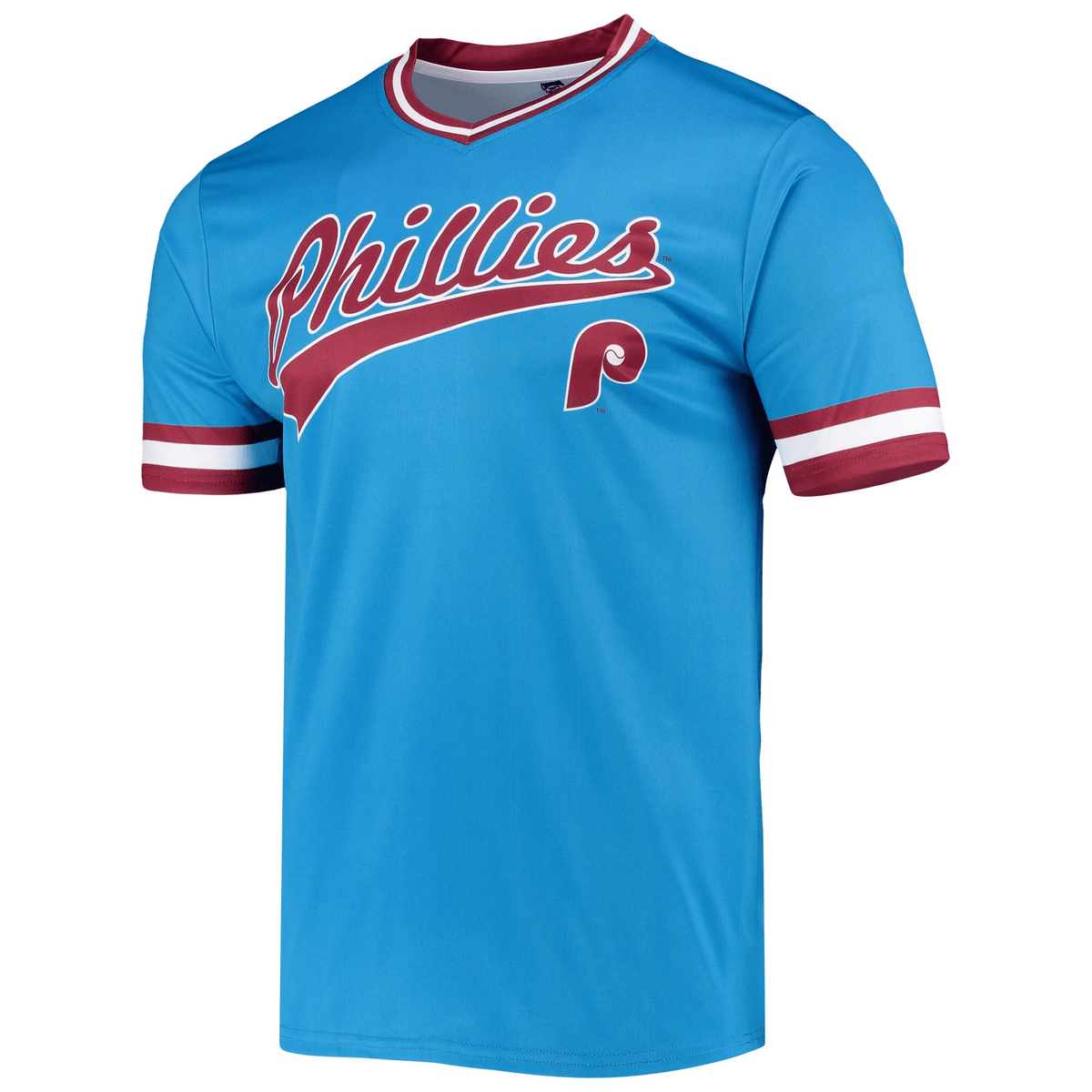 Men's Stitches Light Blue/Burgundy Philadelphia Phillies Cooperstown Collection V-Neck Team Color Jersey Jersey