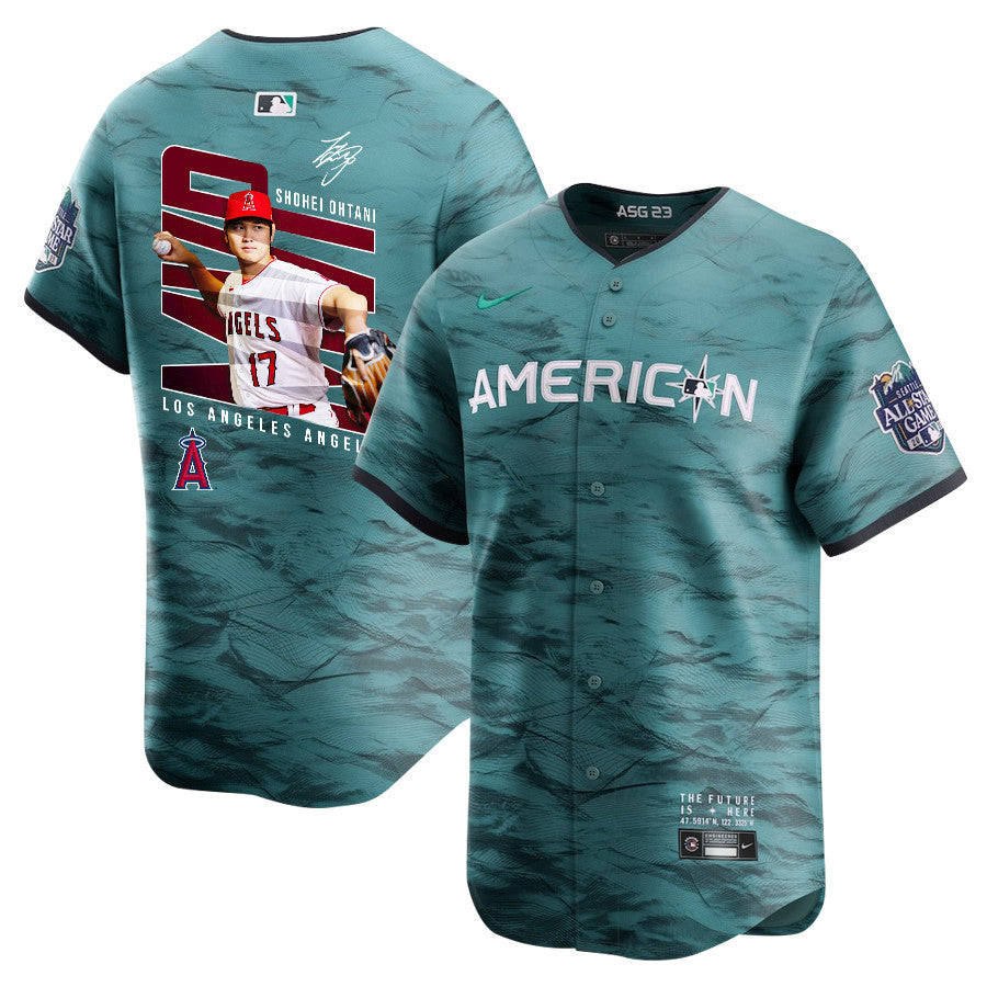 Shohei Ohtani 17 Los Angeles Angels Signed Logo 2023 All-Star Game Limited Player Men Jersey - Teal