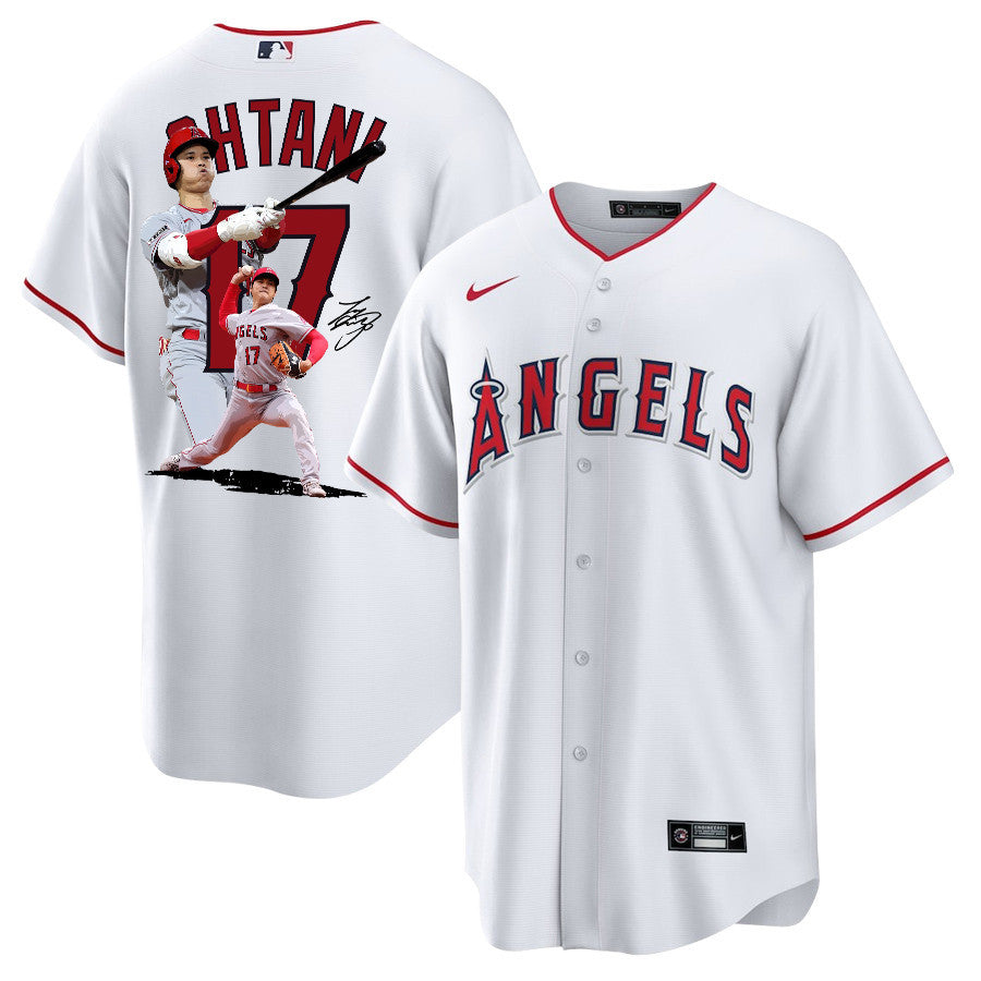 Shohei Ohtani 17 Los Angeles Angels Signed Decisive Blow 2023 Home Men Jersey - White