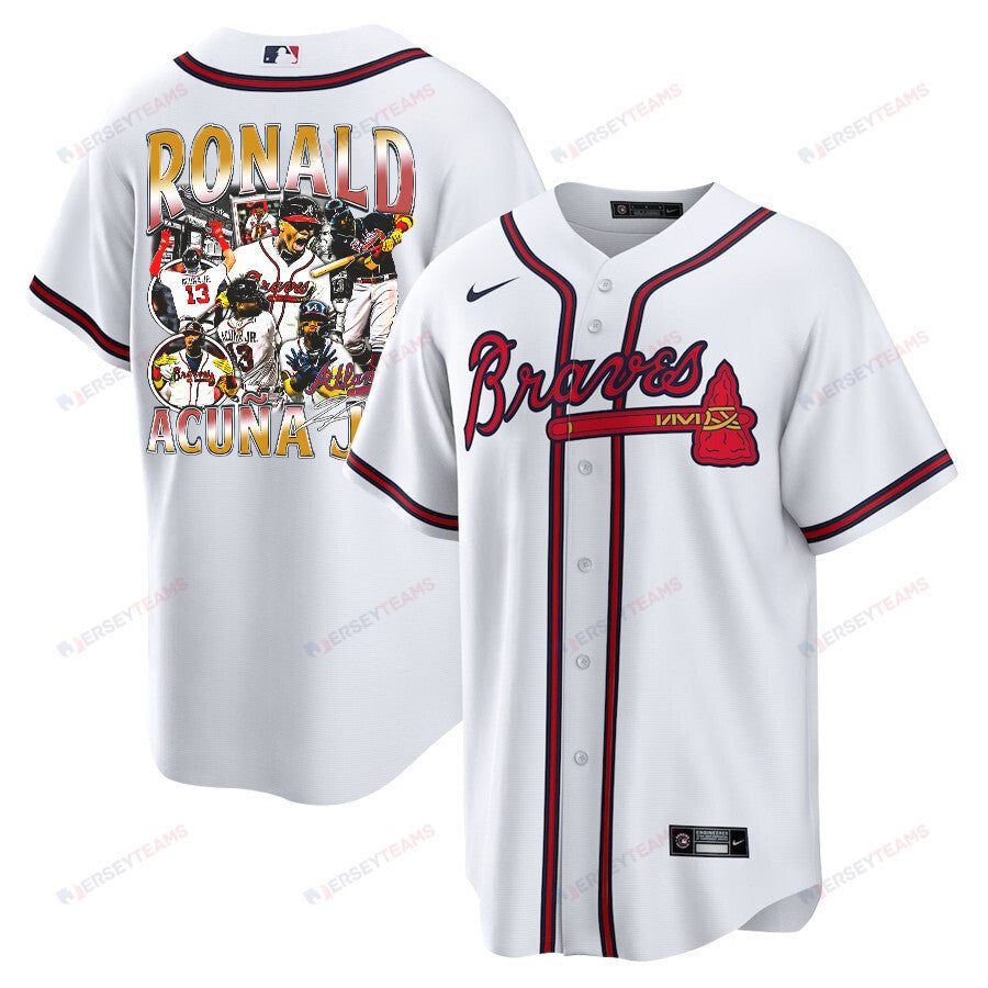 Ronald Acuña Jr. 13 Atlanta Braves Signed Posture 2023 Home Player Men Jersey - White Red