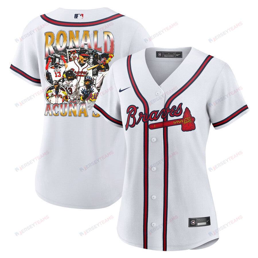Ronald Acuña Jr. 13 Atlanta Braves Signed Posture 2023 Home Player Women Jersey - White Red