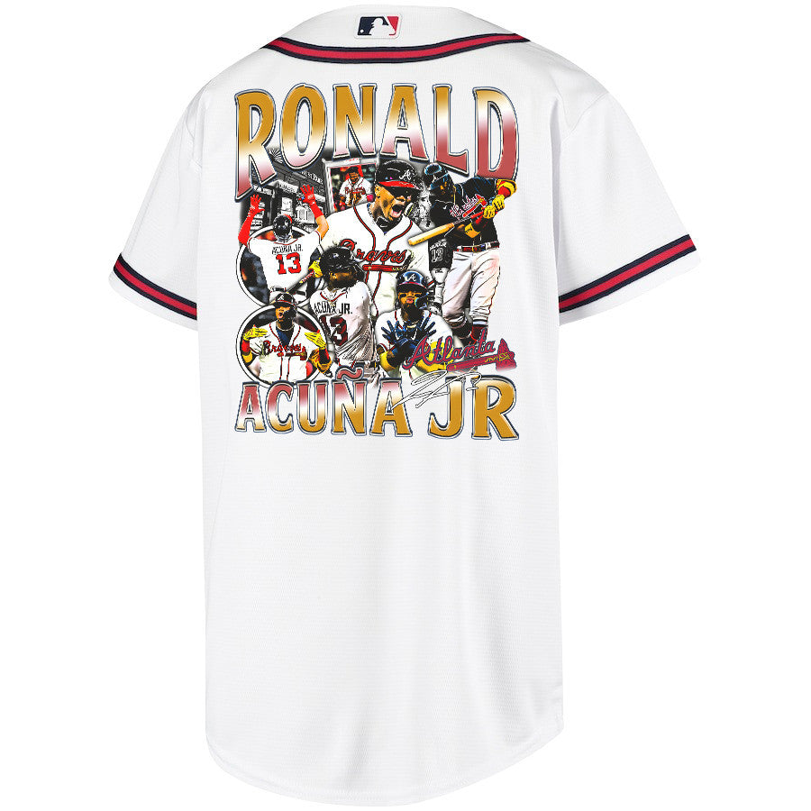 Ronald Acuña Jr. 13 Atlanta Braves Signed Posture 2023 Home Player YOUTH Jersey - White Red
