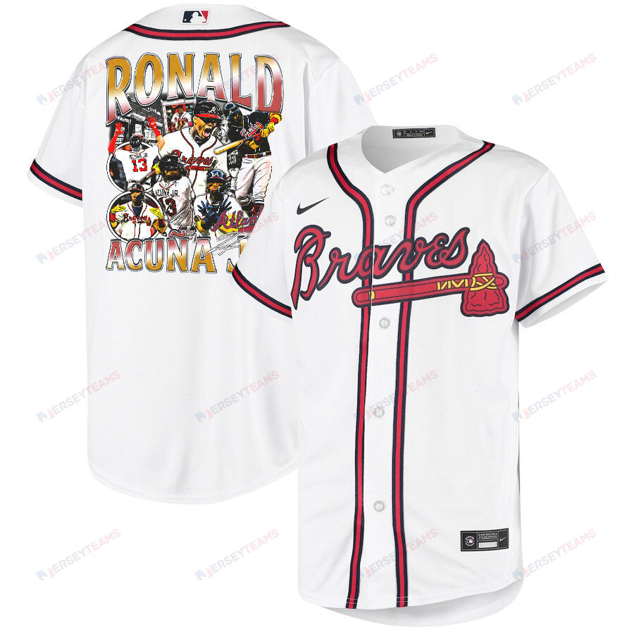 Ronald Acuña Jr. 13 Atlanta Braves Signed Posture 2023 Home Player YOUTH Jersey - White Red