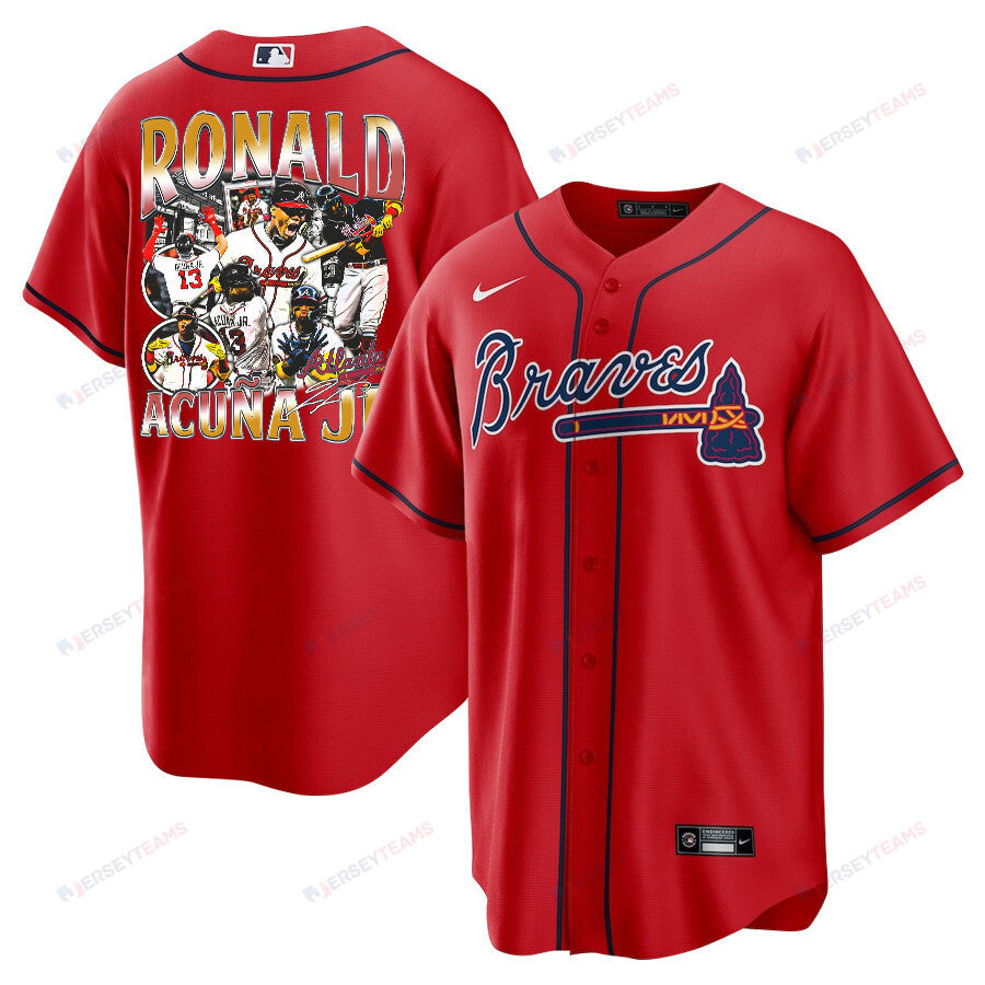 Ronald Acuña Jr. 13 Atlanta Braves Signed Posture 2023 Alternate Player Men Jersey - Red