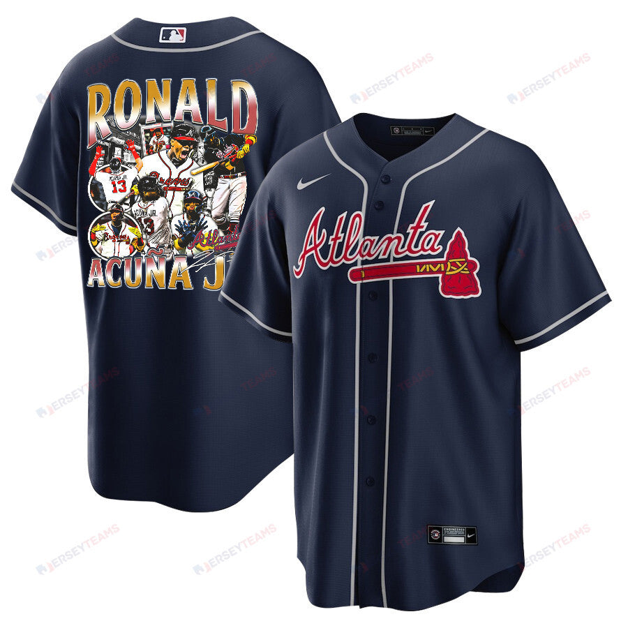 Ronald Acuña Jr. 13 Atlanta Braves Signed Posture 2023 Alternate Player Men Jersey - Navy