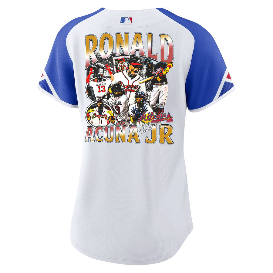 Ronald Acuña Jr. 13 Atlanta Braves Signed Posture 2023 City Connect Player Women Jersey - White Blue