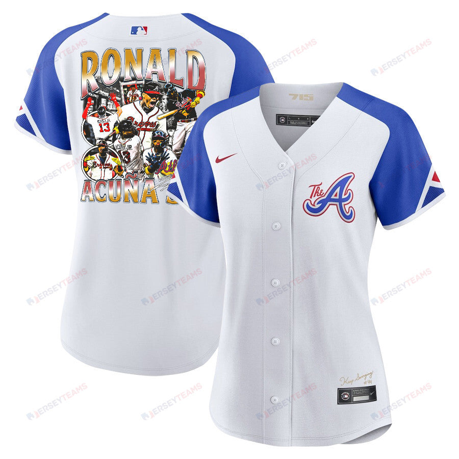 Ronald Acuña Jr. 13 Atlanta Braves Signed Posture 2023 City Connect Player Women Jersey - White Blue