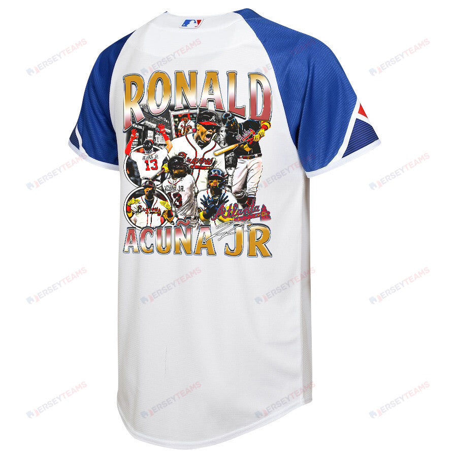 Ronald Acuña Jr. 13 Atlanta Braves Signed Posture 2023 City Connect Player YOUTH Jersey - White Blue