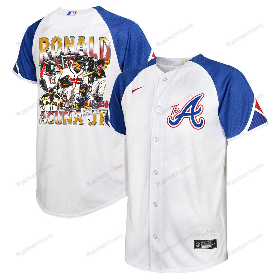 Ronald Acuña Jr. 13 Atlanta Braves Signed Posture 2023 City Connect Player YOUTH Jersey - White Blue