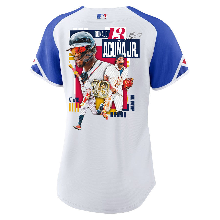 Ronald Acuña Jr. 13 Atlanta Braves Signed MVP 2023 City Connect Player Women Jersey - White Blue