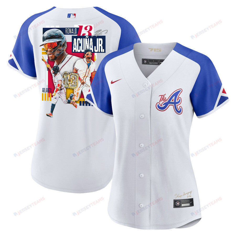 Ronald Acuña Jr. 13 Atlanta Braves Signed MVP 2023 City Connect Player Women Jersey - White Blue