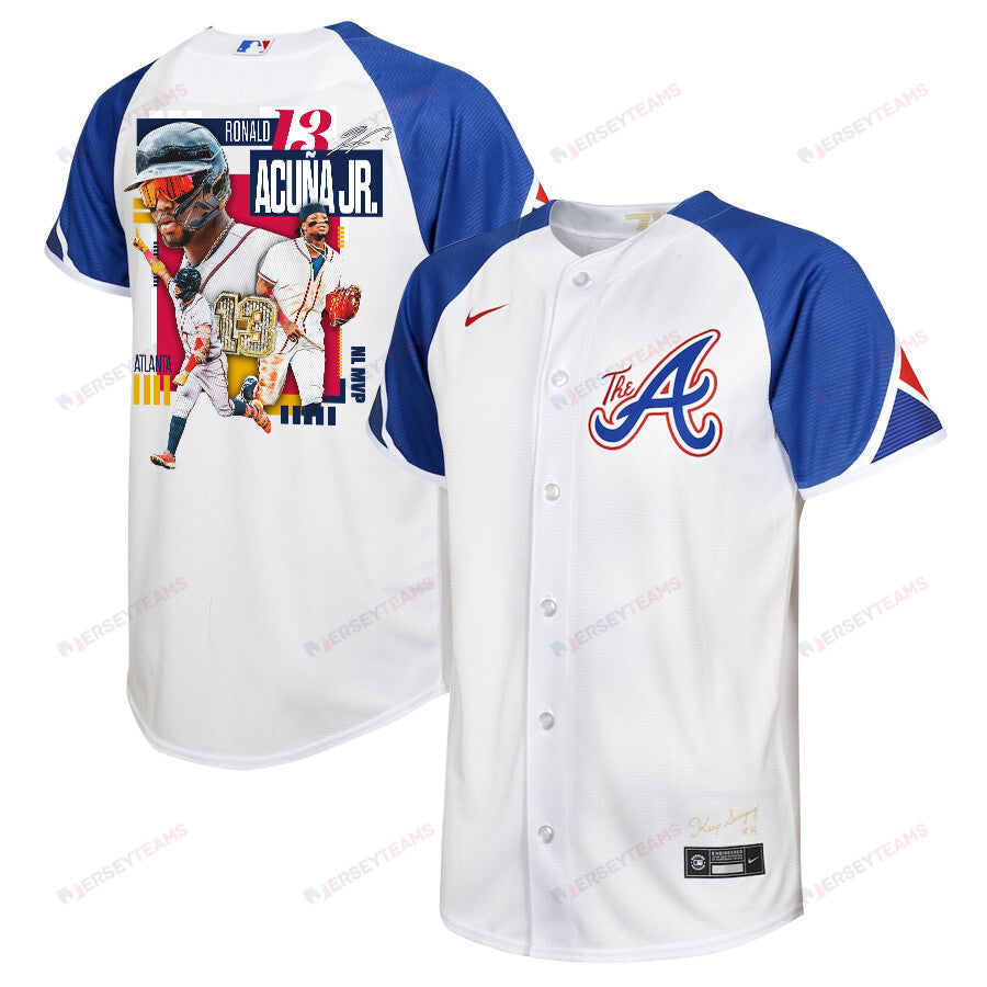 Ronald Acuña Jr. 13 Atlanta Braves Signed MVP 2023 City Connect Player YOUTH Jersey - White Blue