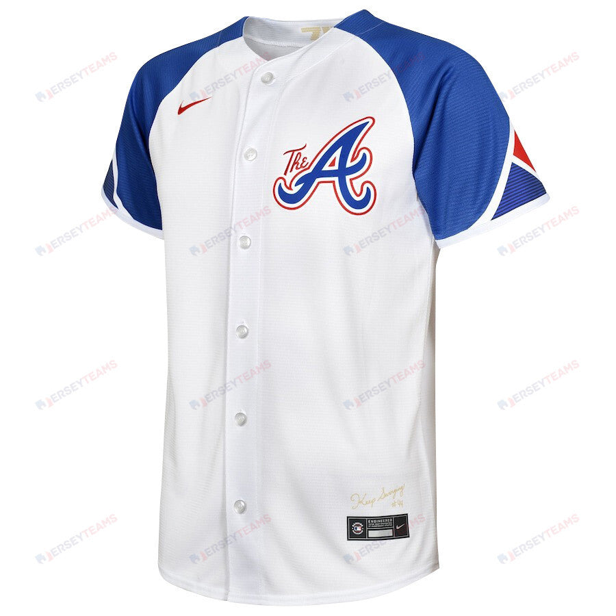 Ronald Acuña Jr. 13 Atlanta Braves Signed Gum 2023 City Connect Player YOUTH Jersey - White Blue