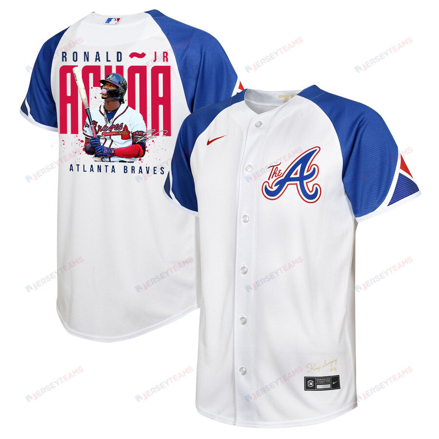 Ronald Acuña Jr. 13 Atlanta Braves Signed Gum 2023 City Connect Player YOUTH Jersey - White Blue