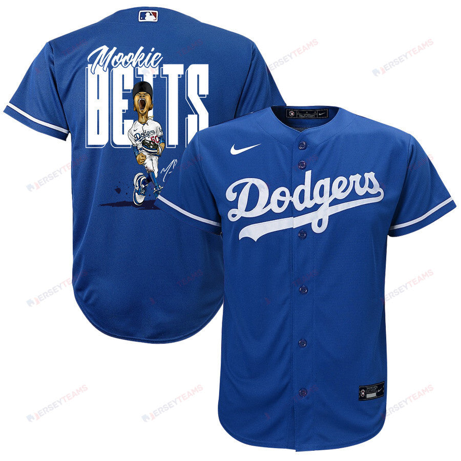 Mookie Betts 50 Los Angeles Dodgers Signed Cartoon 2023 Alternate Player YOUTH Jersey - Royal
