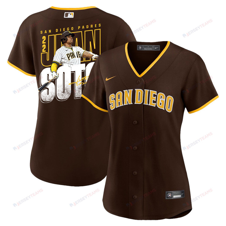 Juan Soto 22 San Diego Padres Signed Posture 2023 Road Player Women Jersey - Brown