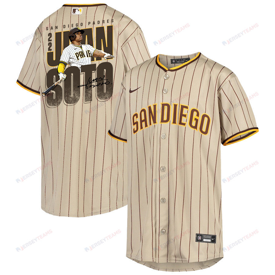 Juan Soto 22 San Diego Padres Signed Posture 2023 Alternate Player YOUTH Jersey - Sand/Brown