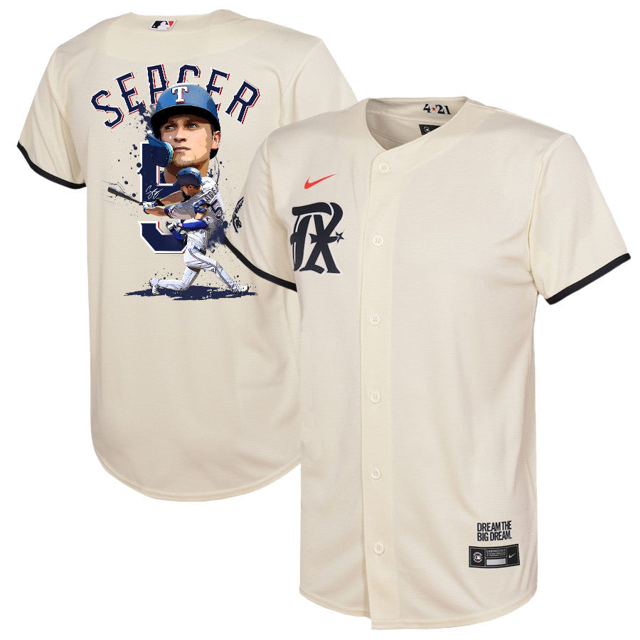 Corey Seager 5 Texas Rangers Signed Posture 2023 City Connect Player YOUTH Jersey - Cream