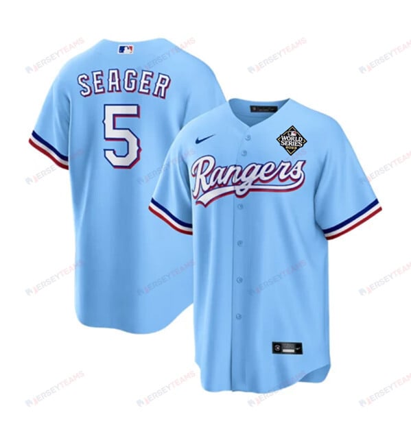 Corey Seager 5 Texas Rangers 2023 World Series Stitched Baseball Jersey - Blue