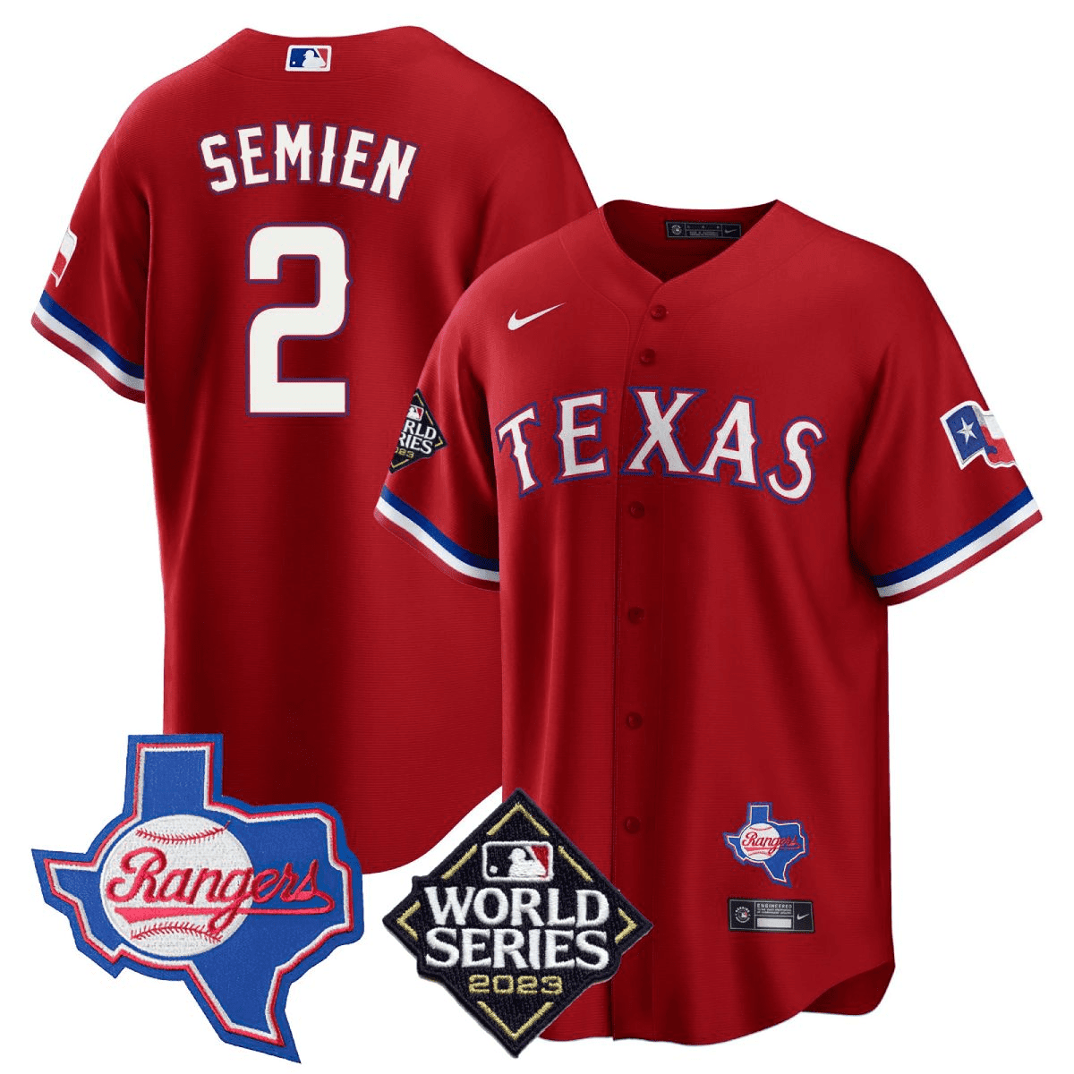 Marcus Semien 2 Texas Rangers 2023 World Series & Texas State Patch Men Jersey - Red