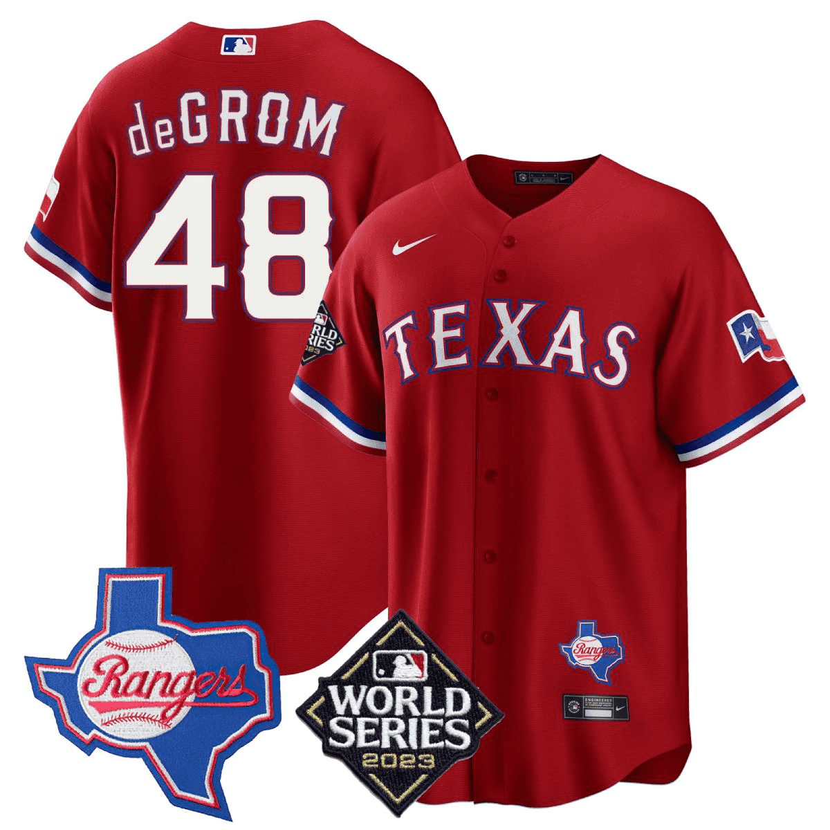 Jacob DeGrom 48 Texas Rangers 2023 World Series & Texas State Patch Men Jersey - Red