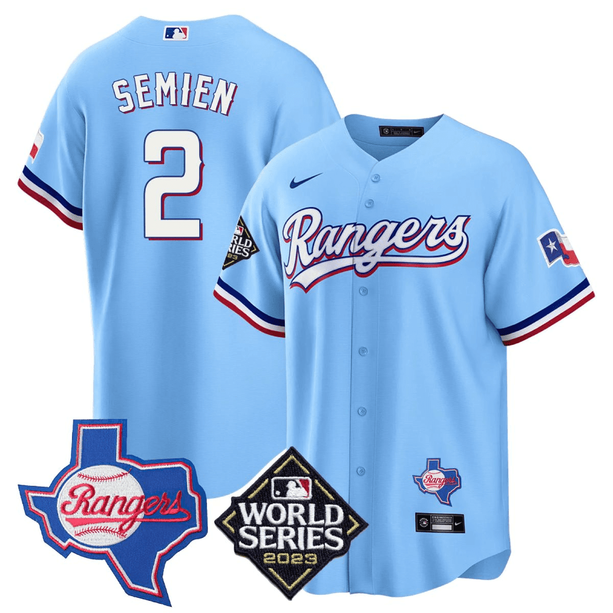 Marcus Semien 2 Texas Rangers 2023 World Series & Texas State Patch Men Jersey - Blue