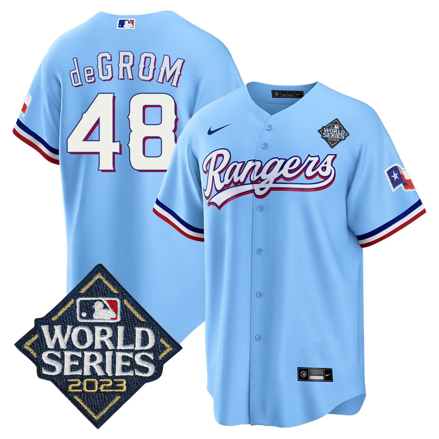 Jacob DeGrom 48 Texas Rangers 2023 World Series Stitched Baseball Jersey - Blue