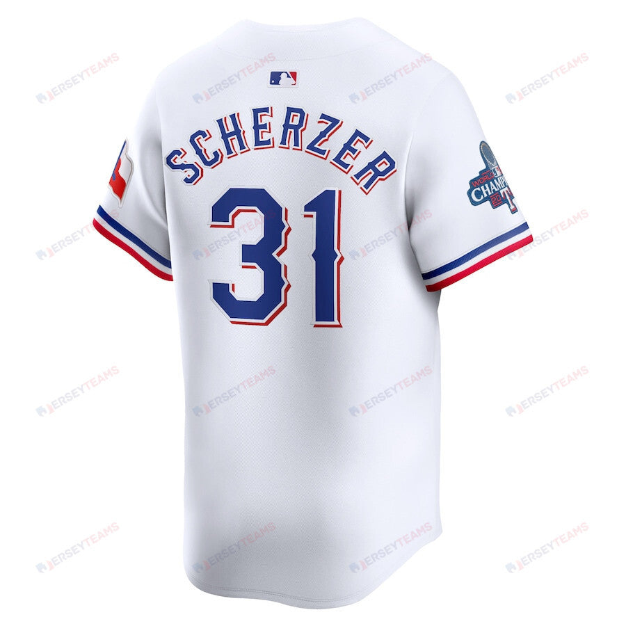 Max Scherzer 31 Texas Rangers Home 2023 World Series Champions Limited Men Jersey - White
