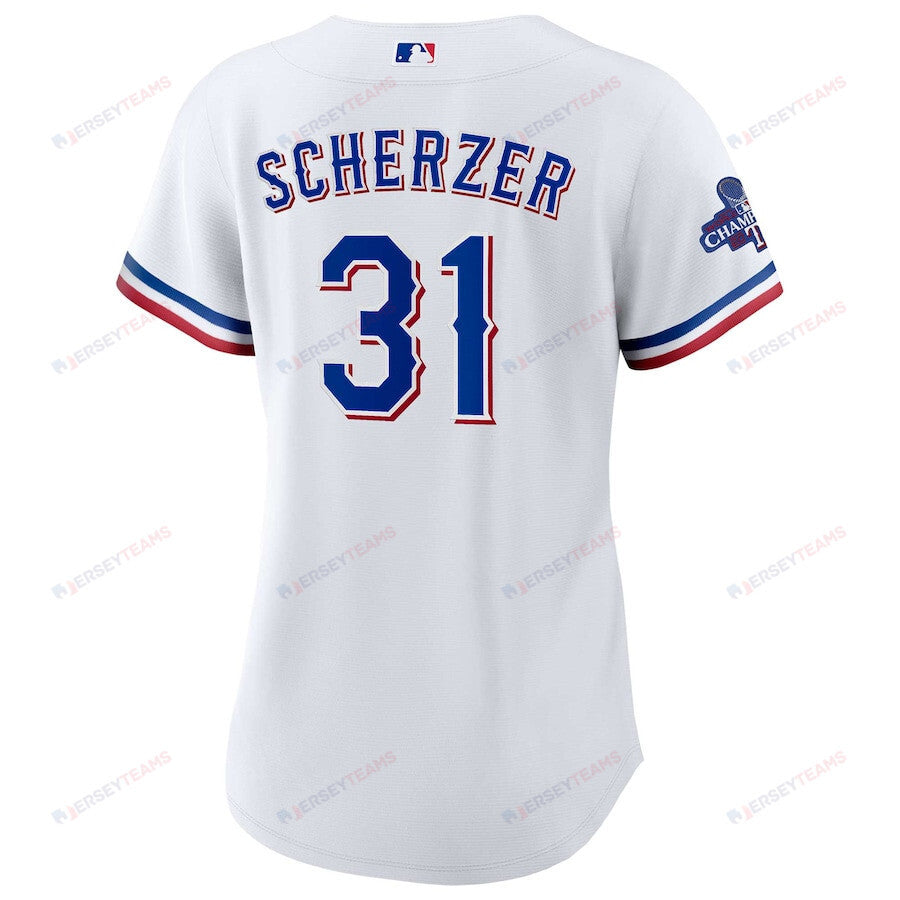 Max Scherzer 31 Texas Rangers Home 2023 World Series Champions Women Jersey - White
