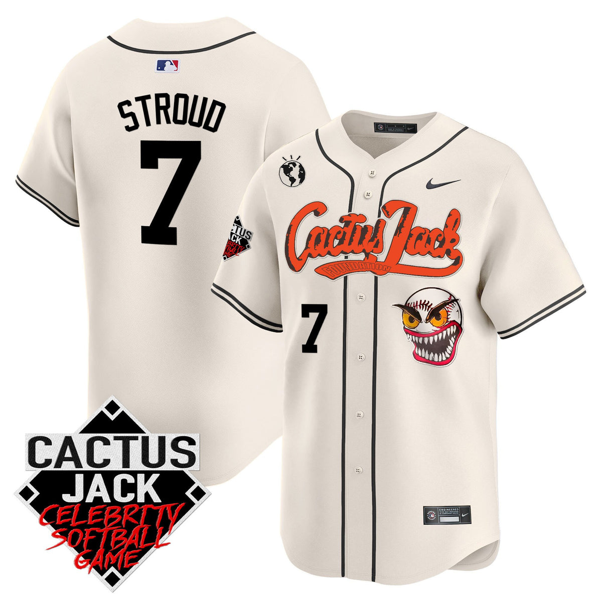 CJ Stroud 7 Houston Astros Cactus Jack Celebrity Softball Game Patch Men Jersey - Cream