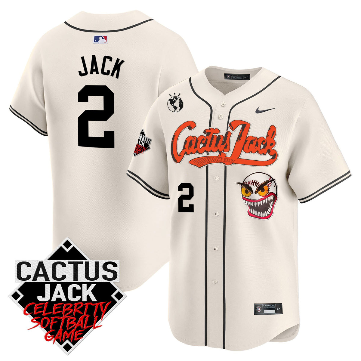 Jack 2 Houston Astros Cactus Jack Celebrity Softball Game Patch Men Jersey - Cream