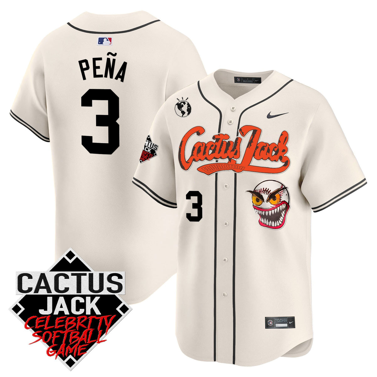 Jeremy Pena 3 Houston Astros Cactus Jack Celebrity Softball Game Patch Men Jersey - Cream