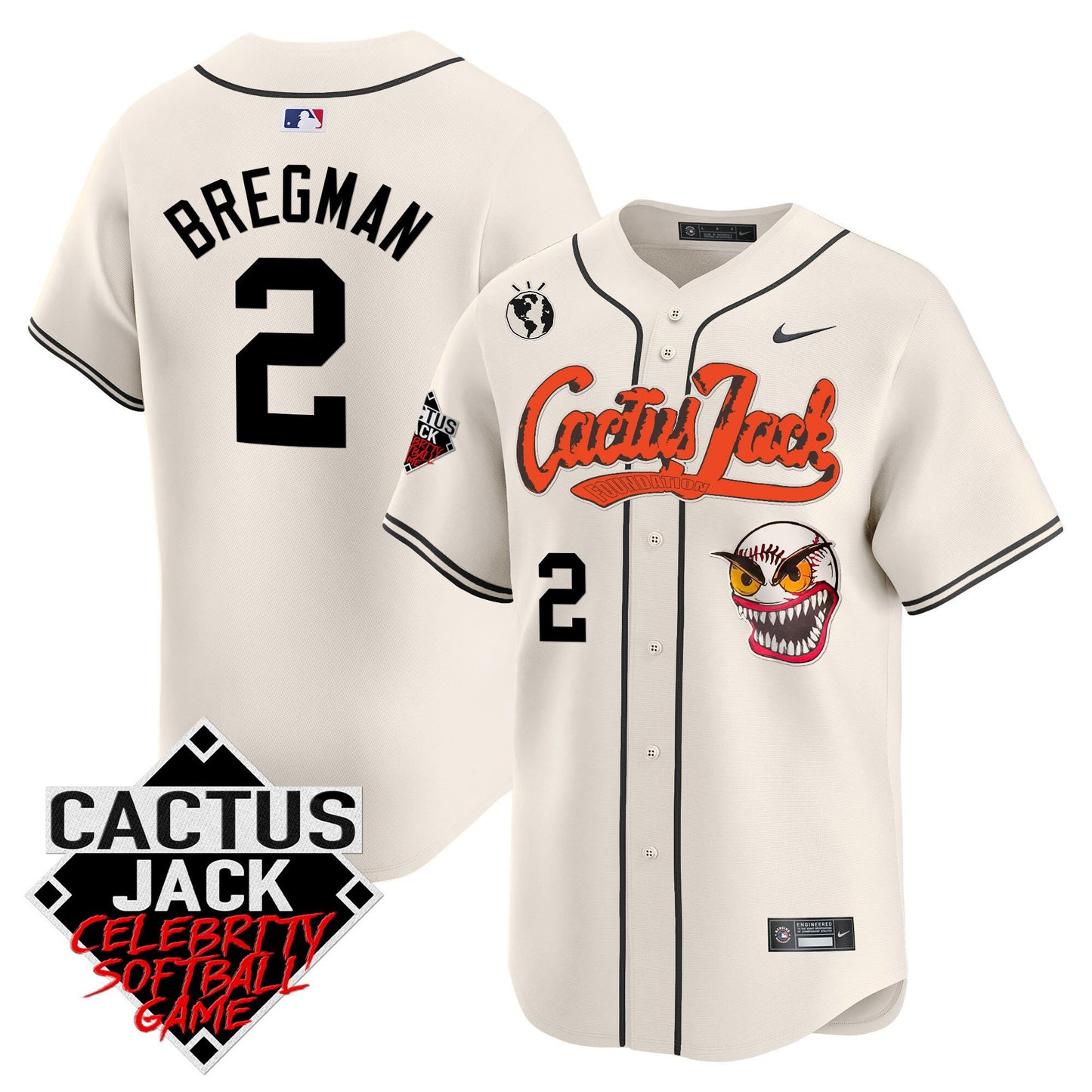 Alex Bregman 2 Houston Astros Cactus Jack Celebrity Softball Game Patch Men Jersey - Cream