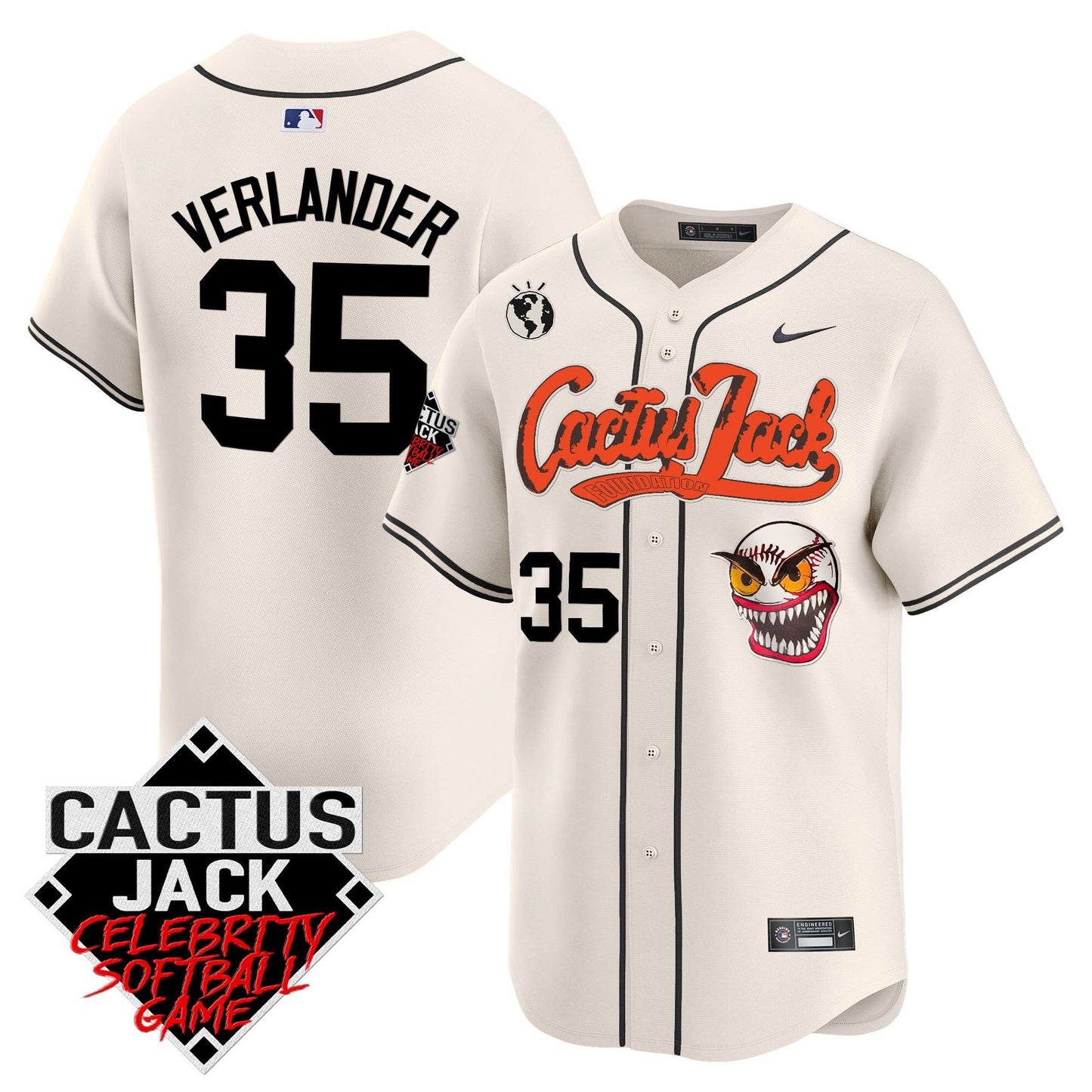 Justin Verlander 35 Houston Astros Cactus Jack Celebrity Softball Game Patch Men Jersey - Cream