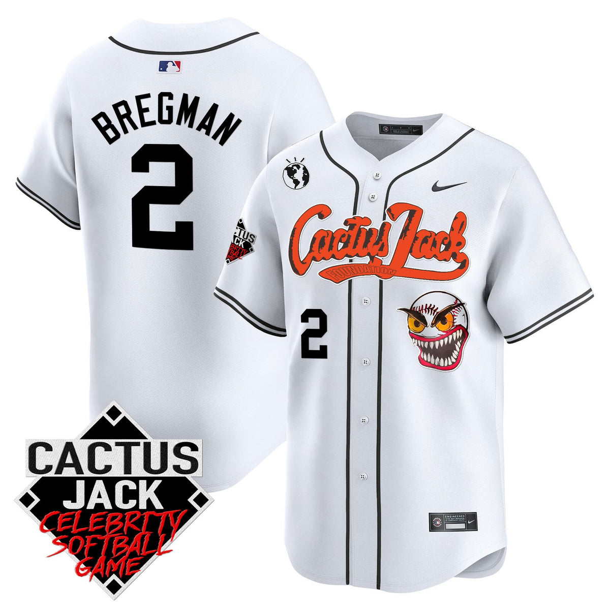 Alex Bregman 2 Houston Astros Cactus Jack Celebrity Softball Game Patch Men Jersey - White