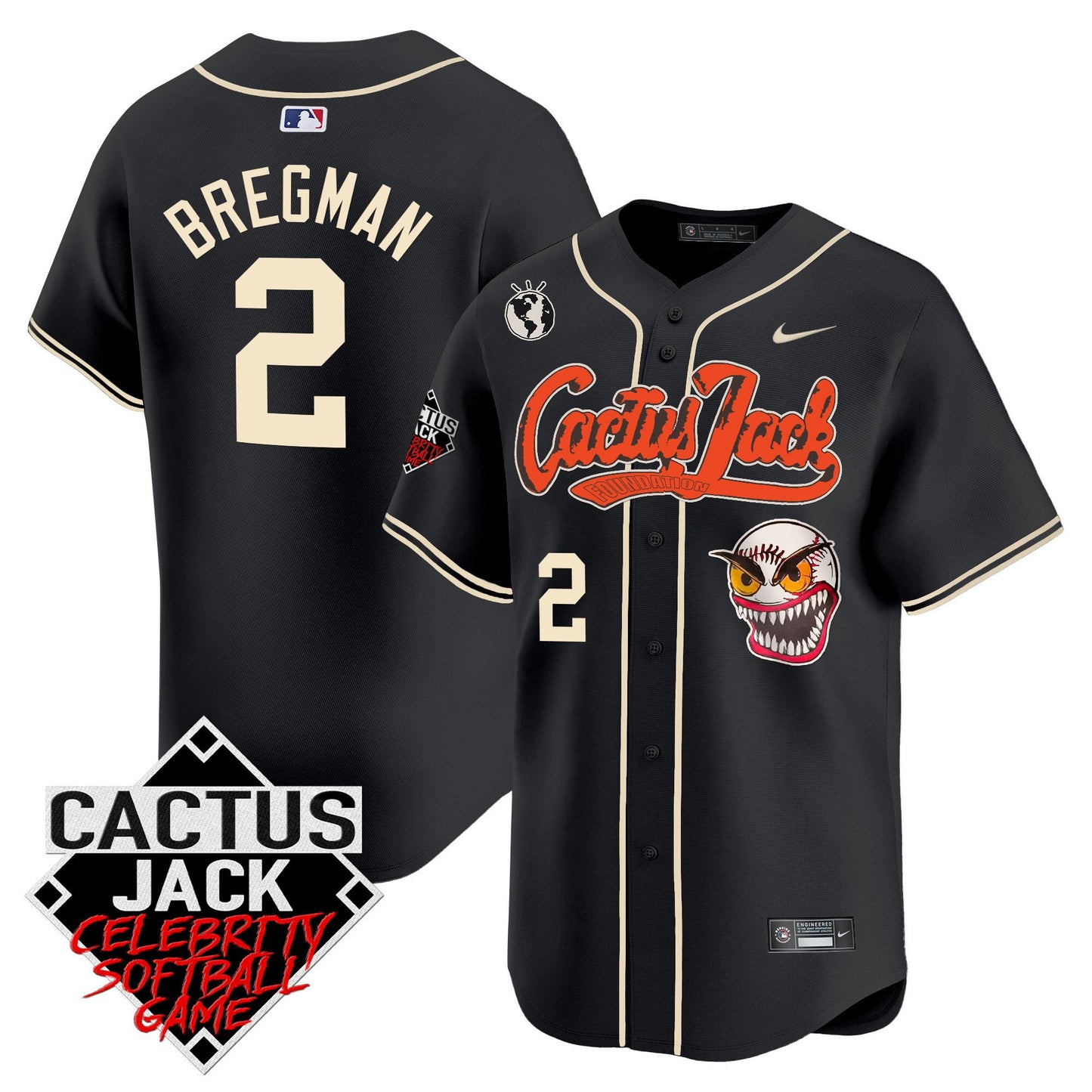 Alex Bregman 2 Houston Astros Cactus Jack Celebrity Softball Game Patch Men Jersey - Black