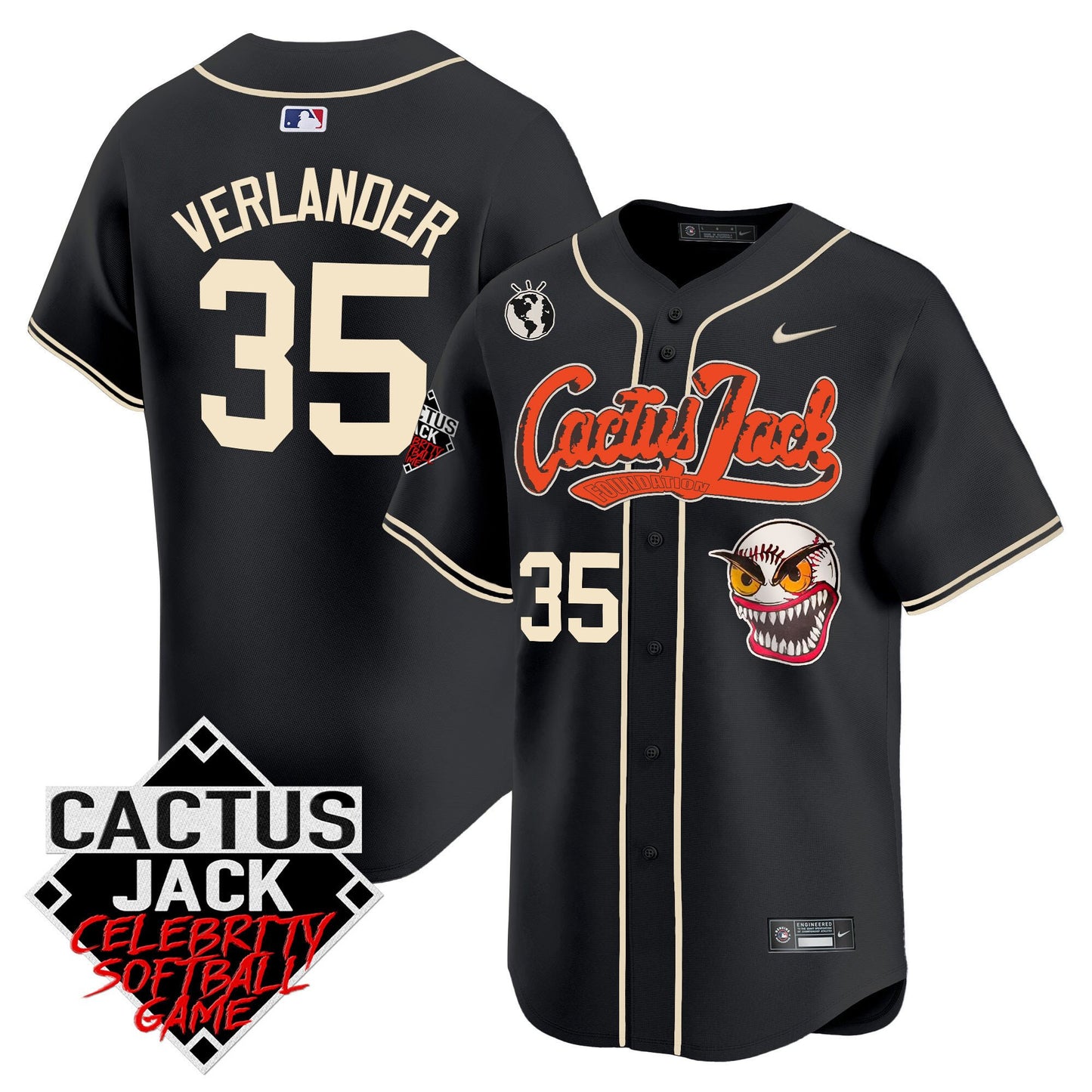 Justin Verlander 35 Houston Astros Cactus Jack Celebrity Softball Game Patch Men Jersey - Black