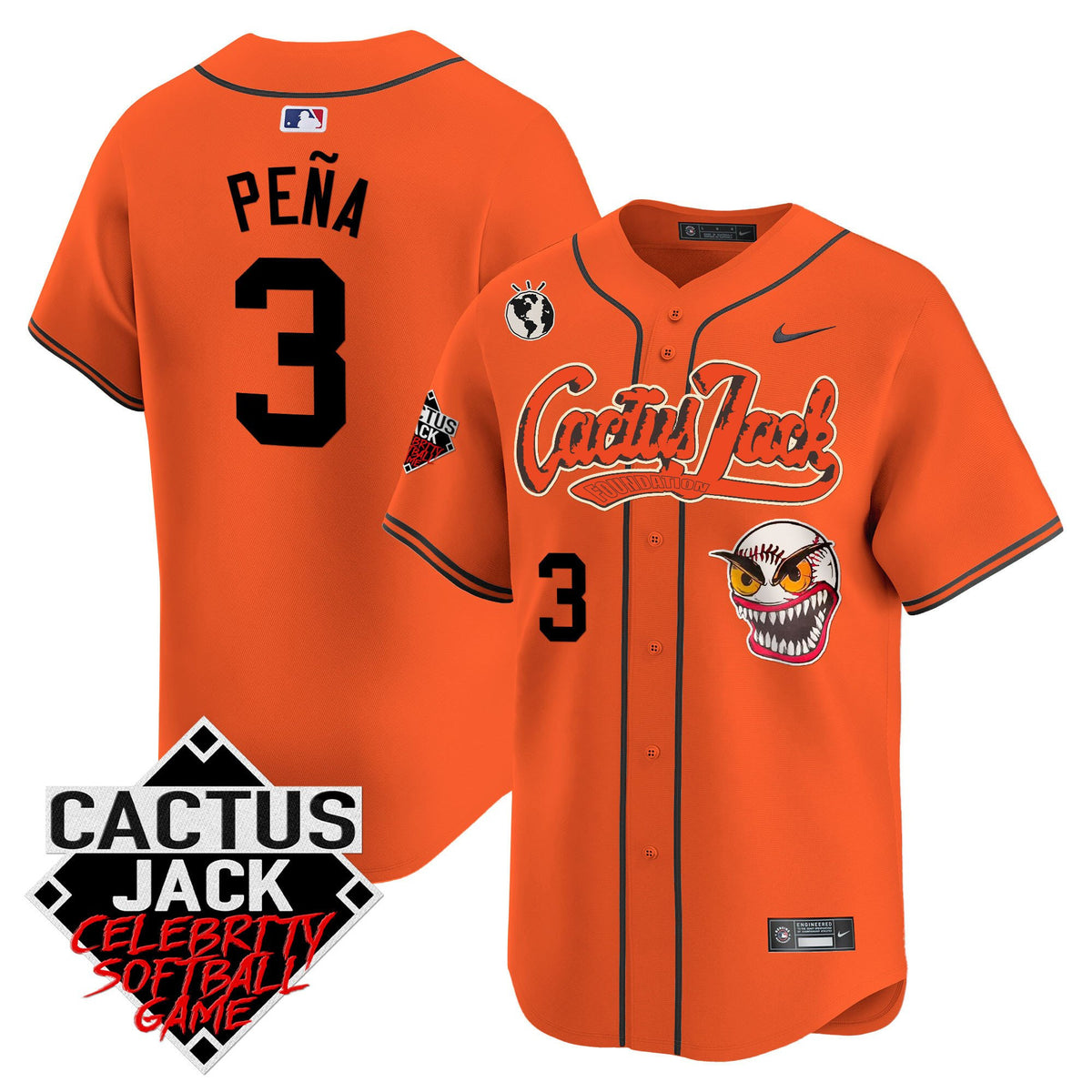 Jeremy Pena 3 Houston Astros Cactus Jack Celebrity Softball Game Patch Men Jersey - Orange