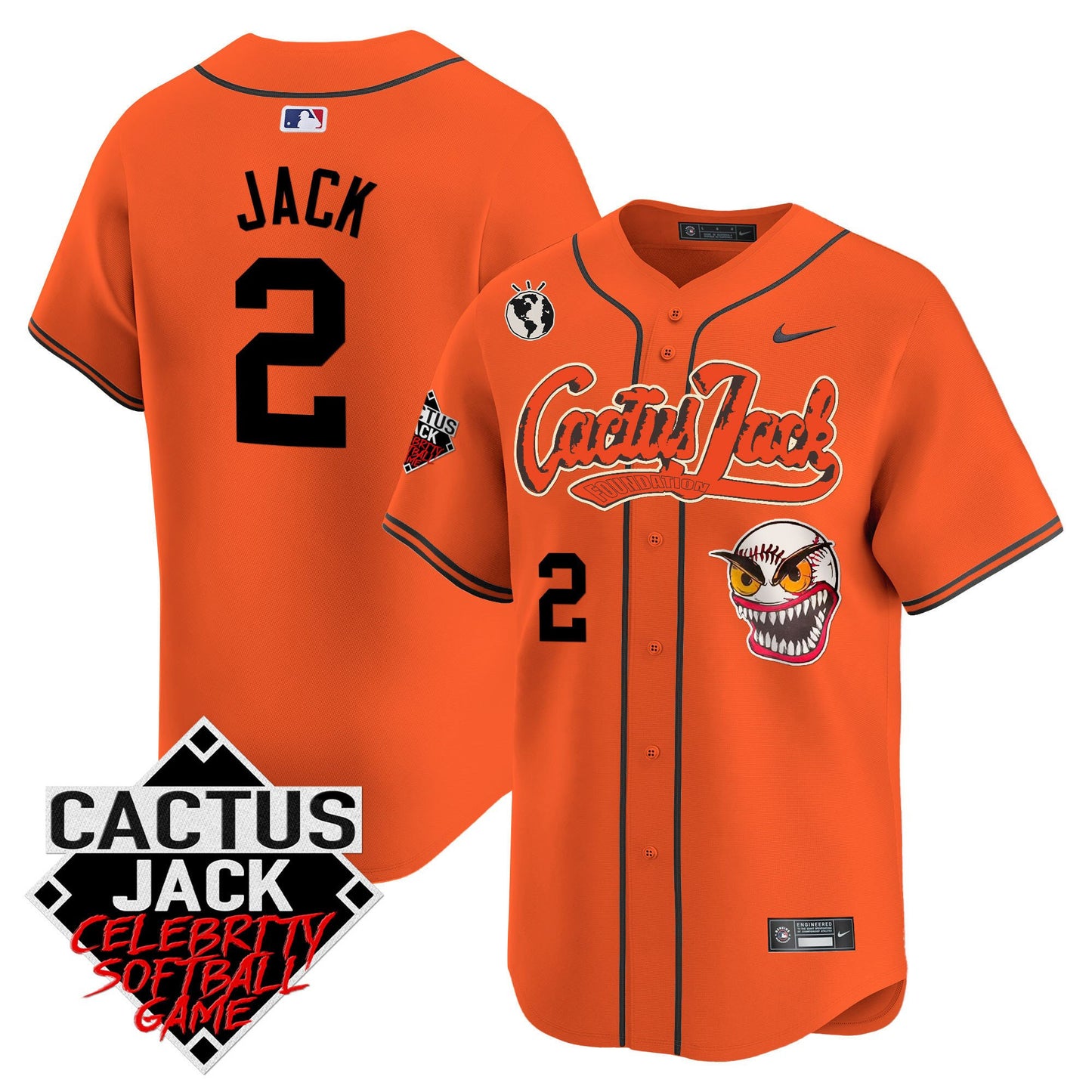 Jack 2 Houston Astros Cactus Jack Celebrity Softball Game Patch Men Jersey - Orange